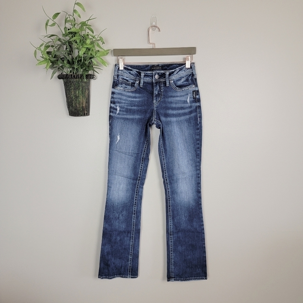 Silver 24 Elyse Slim Boot Flap Pocket Distressed Medium Wash Stretch Jeans